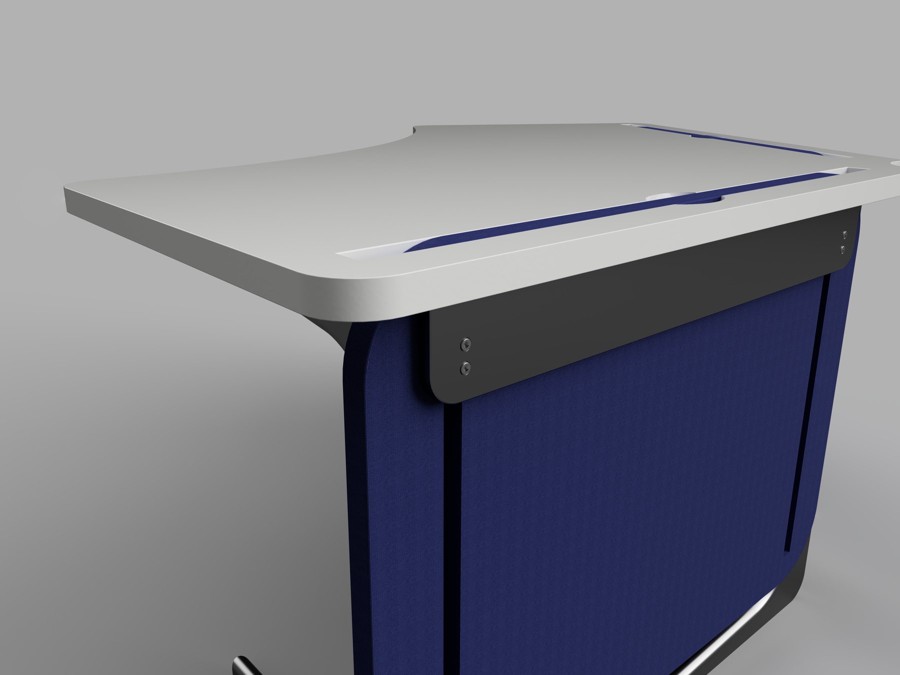 Close detail of a screen stowed beneath the worktop edge of a Confluence module